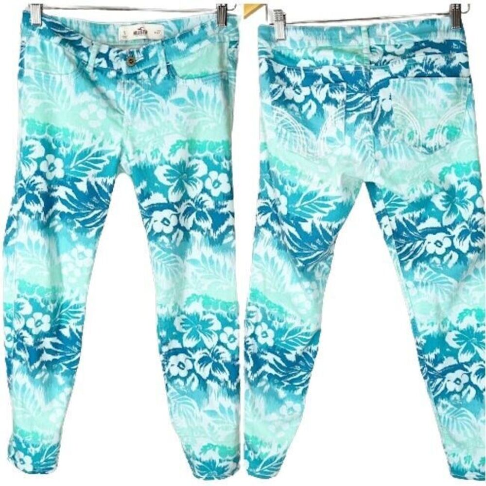 Hollister Skinny Jeans 5 Waist 27 Turquoise Blue Floral Print Denim Stretch